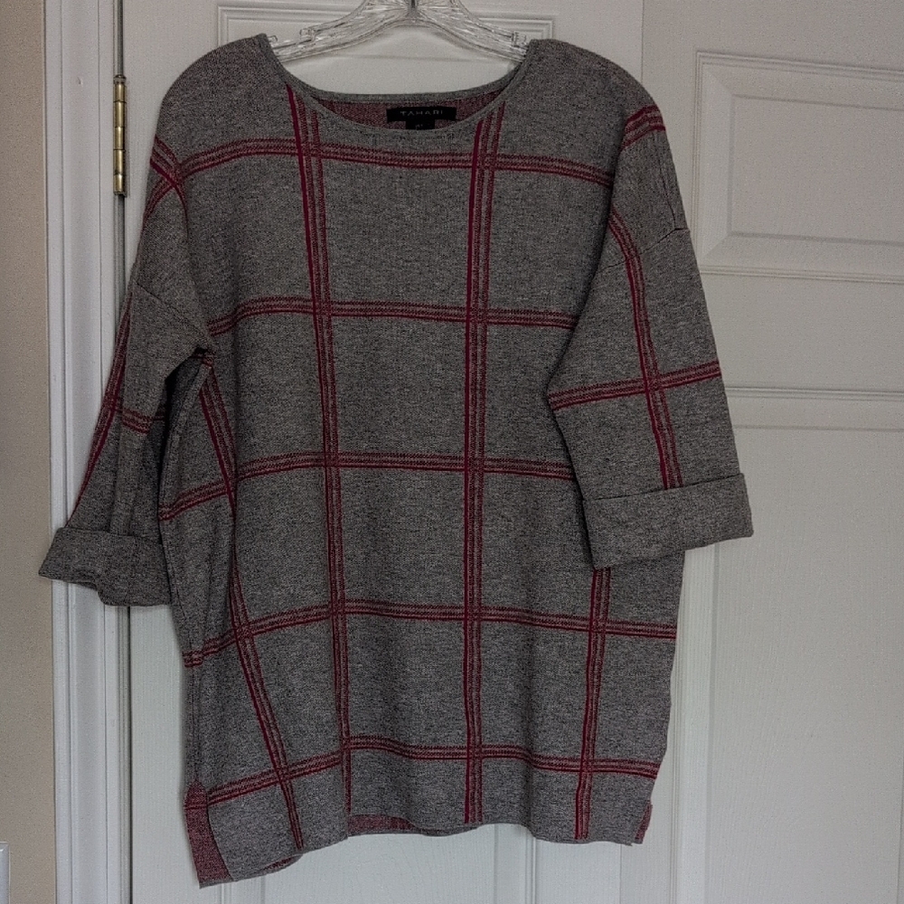 Tahari Gray and Red Windowpane Women's Sweater